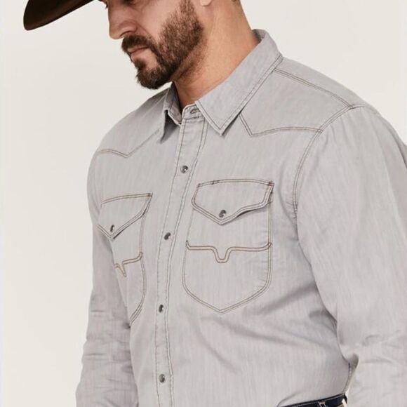 Kimes Ranch Western Long Sleeve Grimes Pearl Snap Gray Denim Shirt - Picture 1 of 16